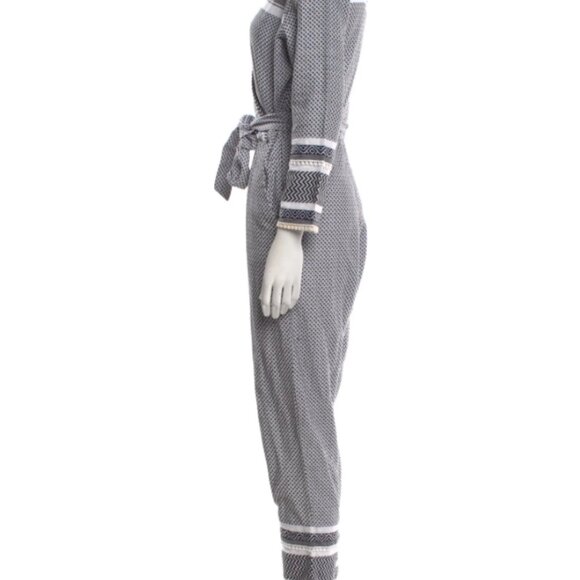 Dodo Bar Or Printed V-Neck Jumpsuit Black Crochet Trim 3/4 Sleeve - Picture 2 of 3